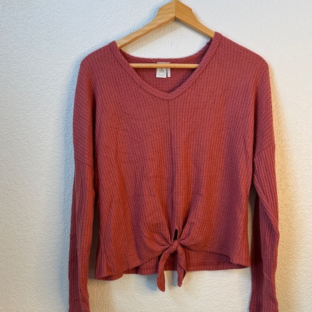 Paper Crane Tie Front Long Sleeve Top Waffle Knit Orange Rust size Medium